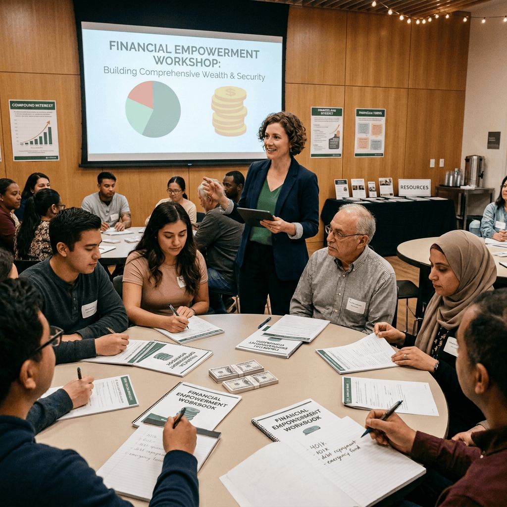 Instructor leads a budgeting workshop with participants around a table